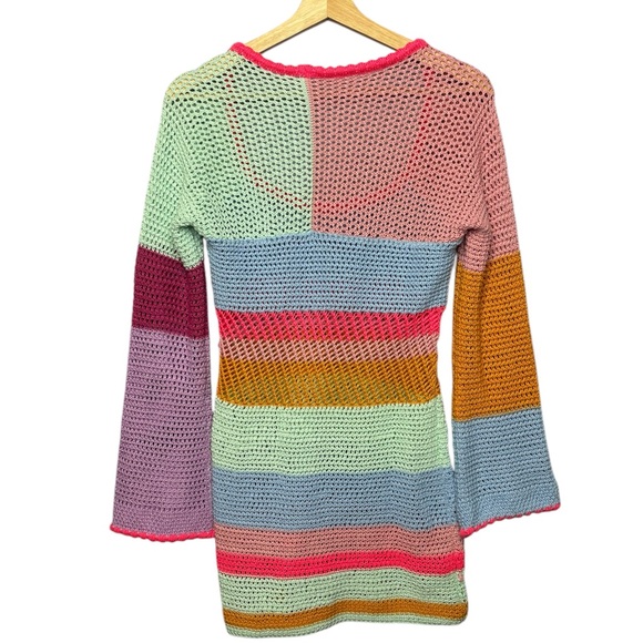 Crochet Style Bell Sleeve Colorblock Cover Up Dress - Picture 2 of 6